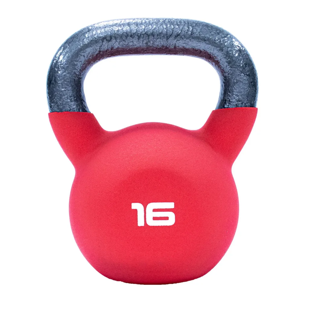 Red neoprene-covered cast-iron kettlebell with a black handle and 16 printed in white on the front.