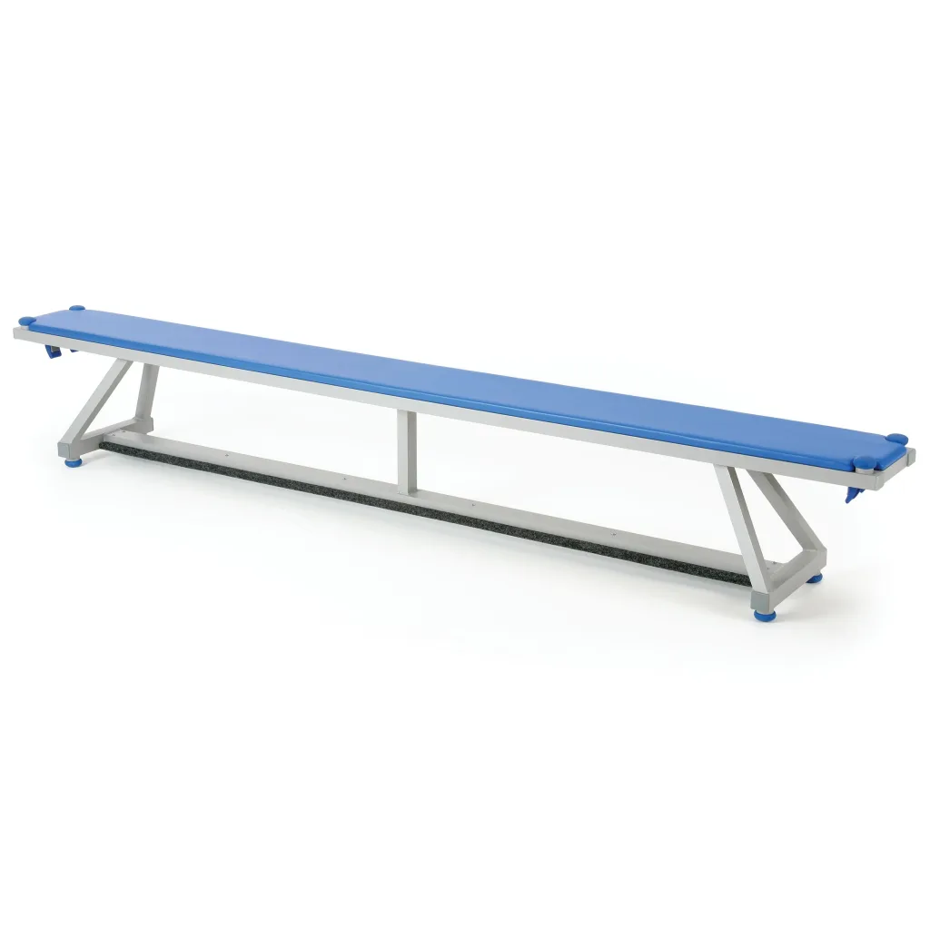 Aluminium-framed bench with a blue upholstered top, rubber feet and angled support legs for easy movement and storage.