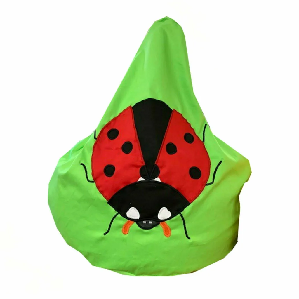Bright green bean bag chair shaped like a teardrop with a red-and-black ladybug applique on the front.