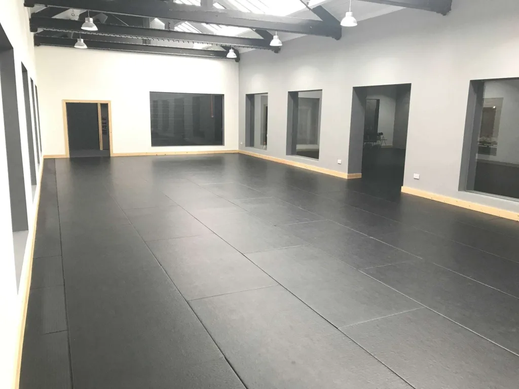 Spacious room with dark padded floor, grey walls, timber skirtings, exposed ceiling beams and skylights, and multiple recessed viewing windows.