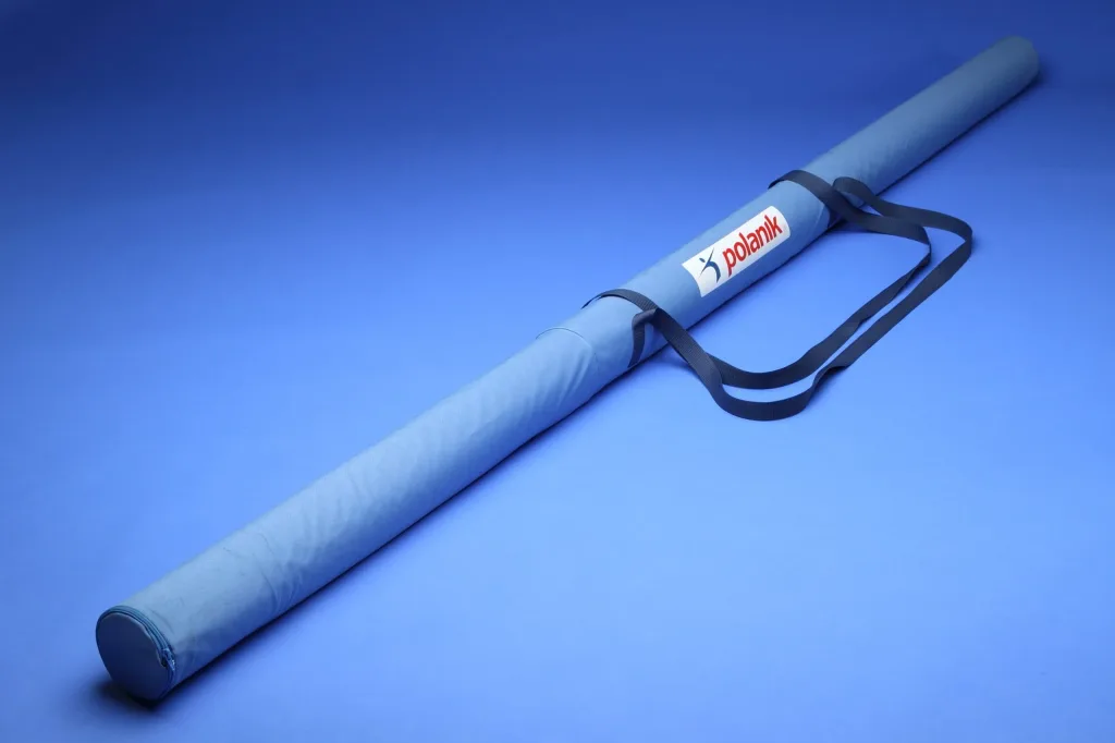 Light blue javelin tube made of waterproof synthetic fabric with internal PVC coating, two black carrying straps, and a white label reading polanik.