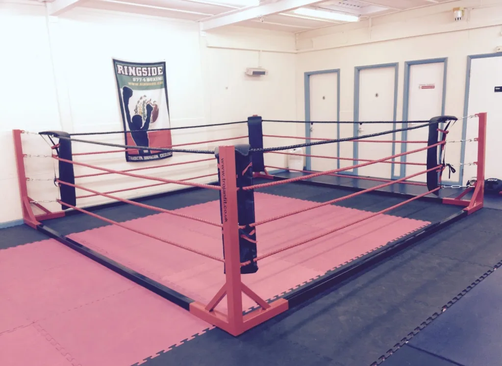 Steel powder-coated ring frame with branded canvas and pads, four rope tiers and corner posts set on interlocking gym mats.