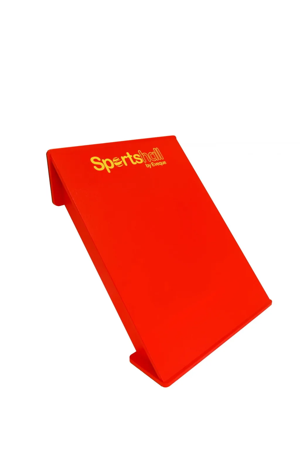 Red Reversaboard angled on white background with yellow text "Sportshall by Eveque".