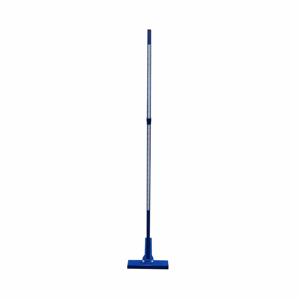 Blue steel tubular high jump stand with height adjustment scale and flat rectangular base.