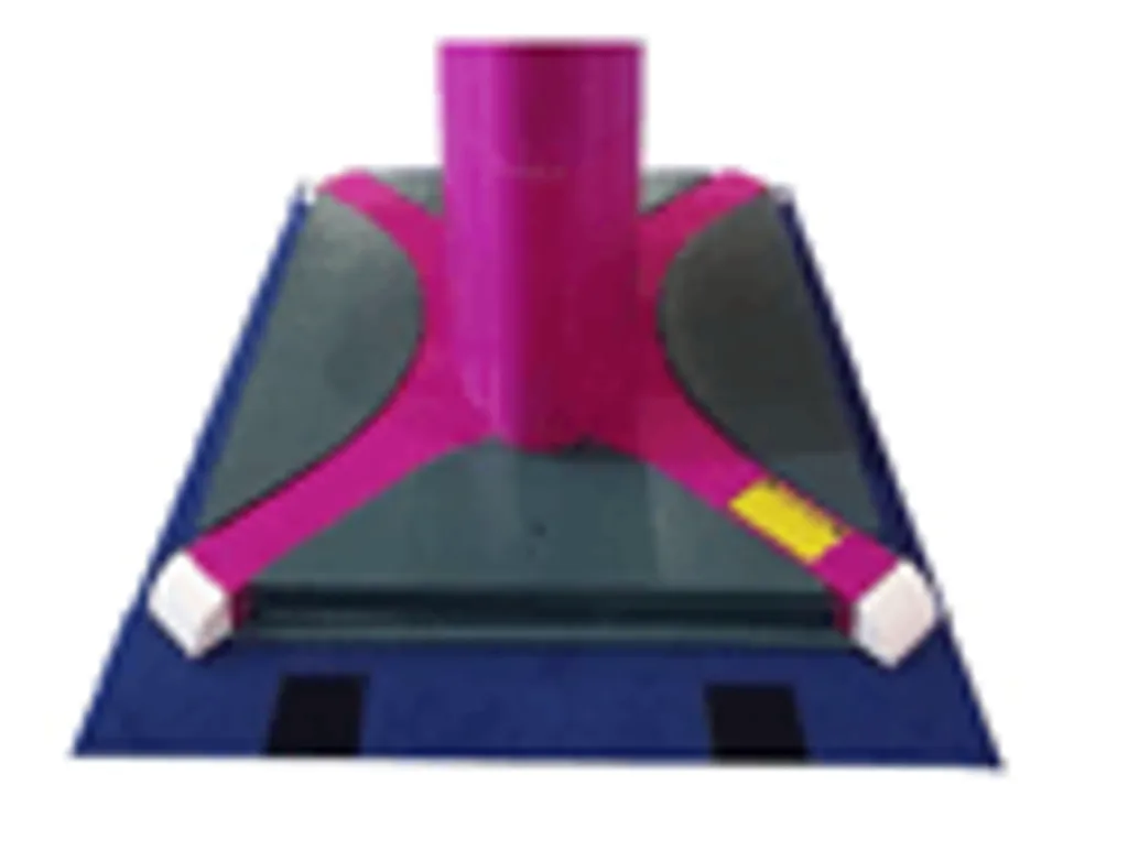 Blue rectangular base with a gray top plate, central magenta cylindrical post with magenta cross straps, white end blocks and a small yellow patch.