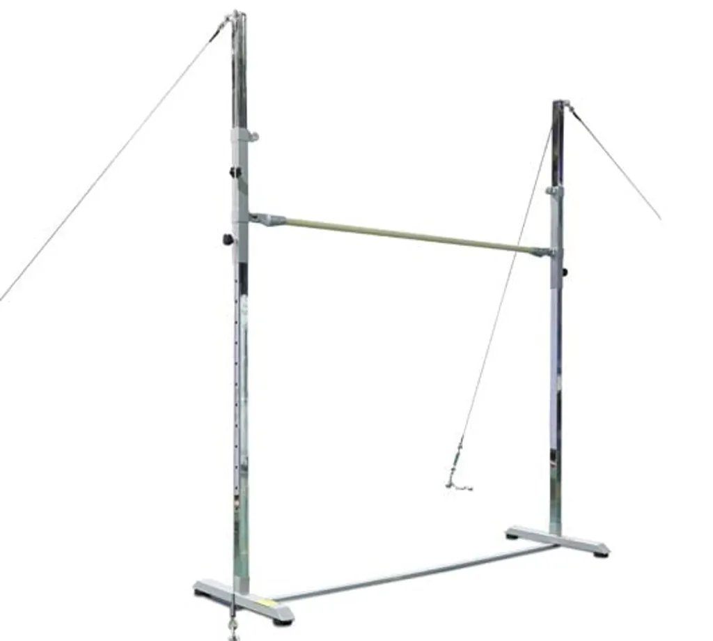 Adjustable high bar with carbon steel base, stainless steel uprights and tensioning cables supporting a horizontal spring stainless steel bar.