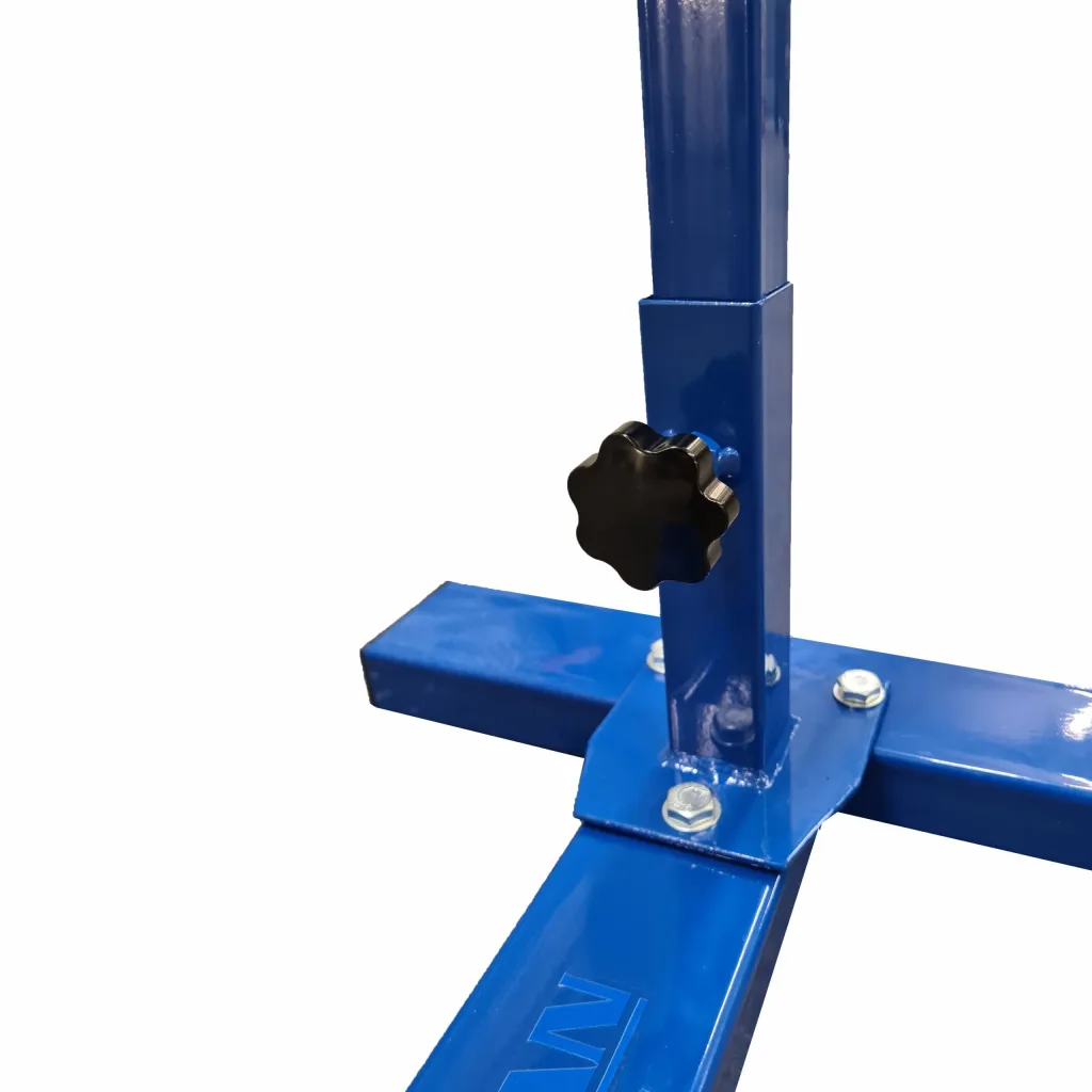 Blue steel tubular high jump stand base with adjustable square post, bolted cross feet and a black star-shaped adjustment knob.