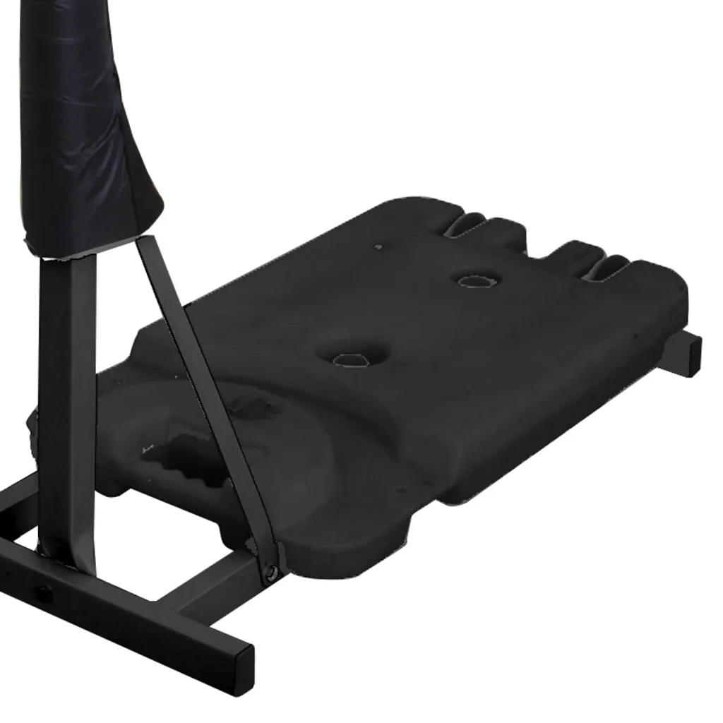 Lower section of a junior netball unit showing a black removable ballast base with built-in handles and the black padded pole attached.