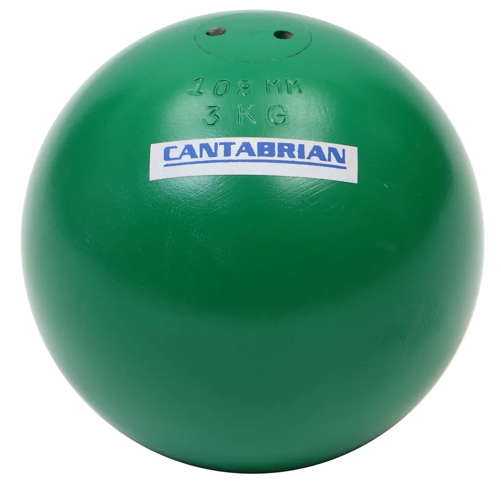 Green powder-coated iron shot put stamped "108 MM 3 KG" with a CANTABRIAN label.