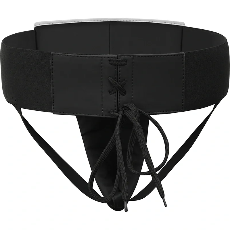 Black groin guard with wide elastic waistband, front laced panel and triangular protective cup with tied cords and two leg straps.
