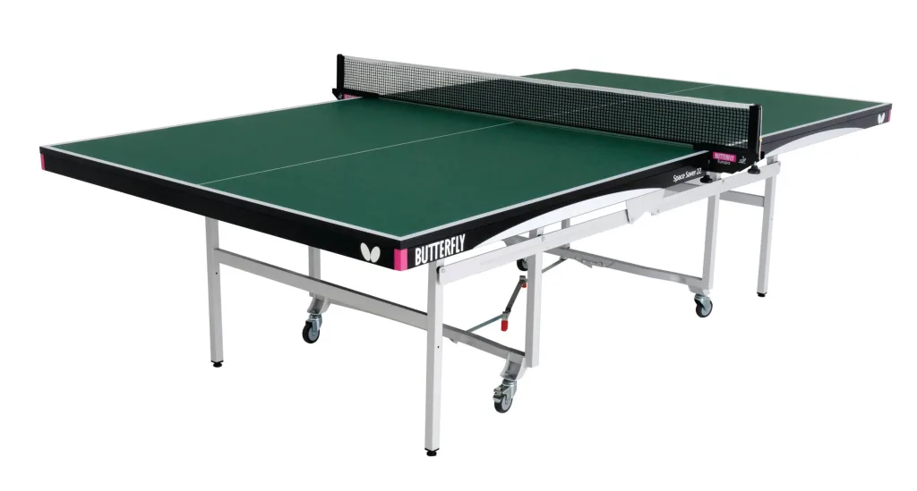 Green playing top with matching light silver legs and undercarriage, magenta corner pieces, net, and four caster wheels.