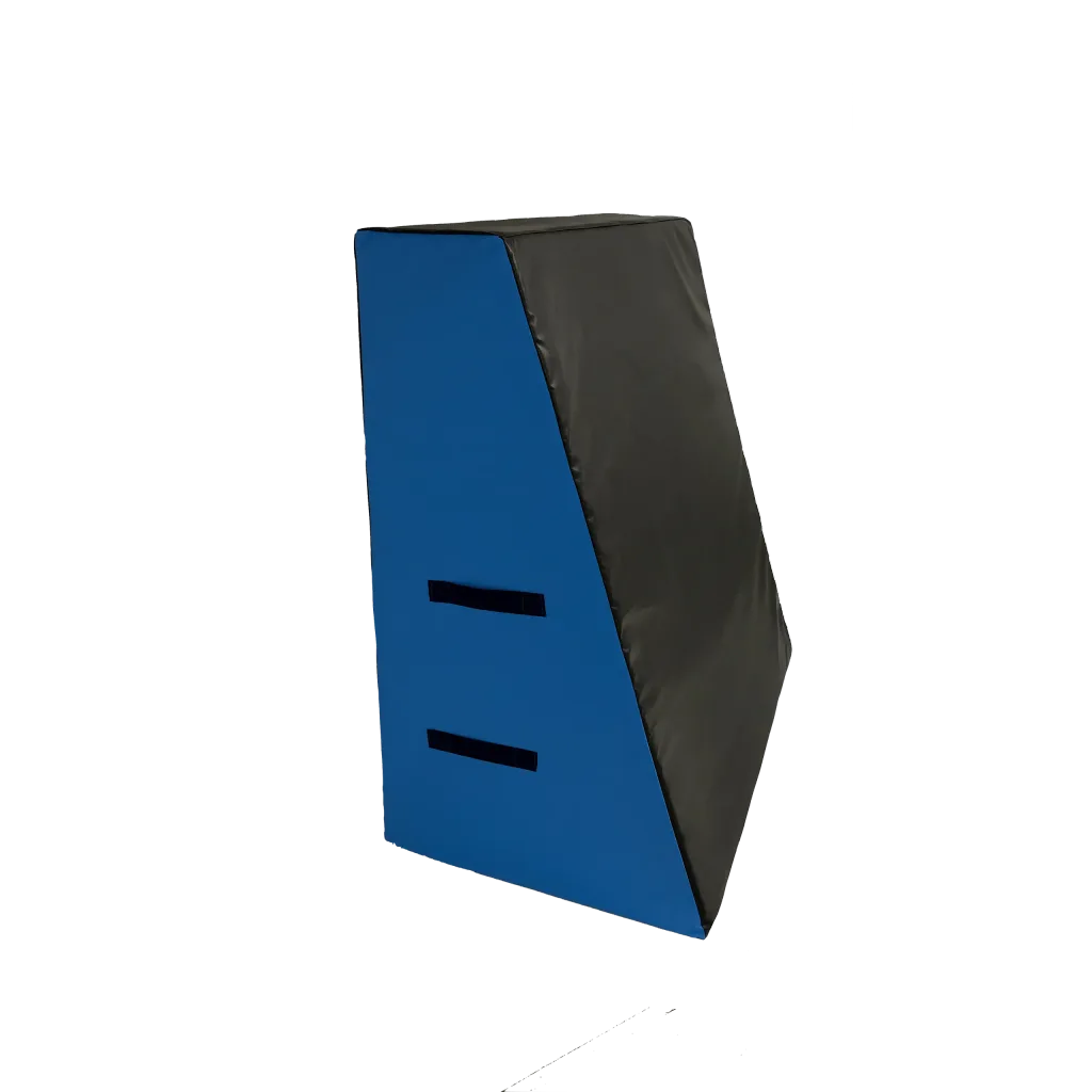 Blue wedge block with black sloped heavy-duty flame-retardant PVC cover and two horizontal carry handles.