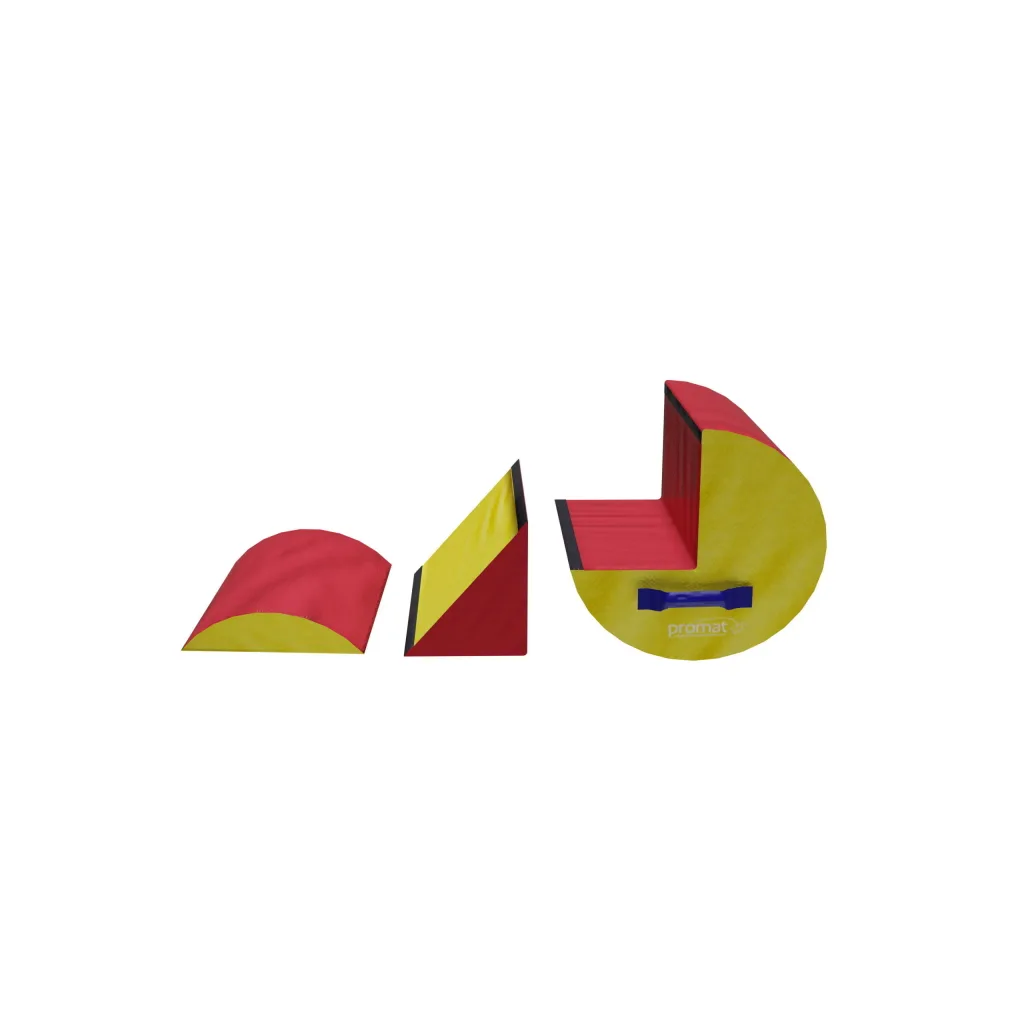 Set of three roller blocks: small red-and-yellow semicircular block, red-and-yellow wedge segment, and large blue-and-yellow cylindrical block with cutout and blue carrying handle.