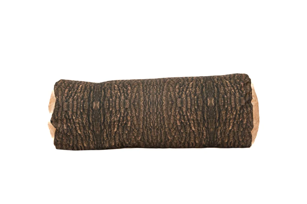 Forest log cushions (pair) showing a brown bark-patterned cylindrical cushion with light wood-patterned ends.