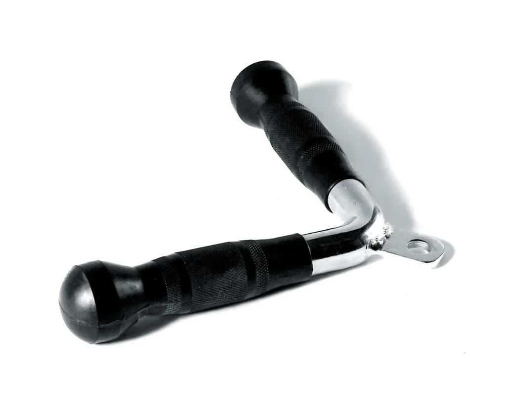 V-shaped chrome cable handle with two black urethane grips and a single mounting eyelet.
