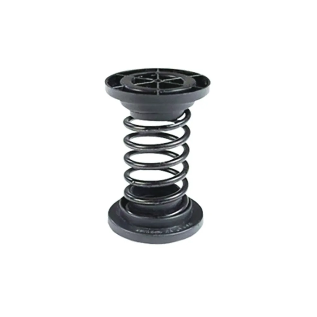 Black metal coil spring sandwiched between round black plastic top and base plates, a sprung floor support component.