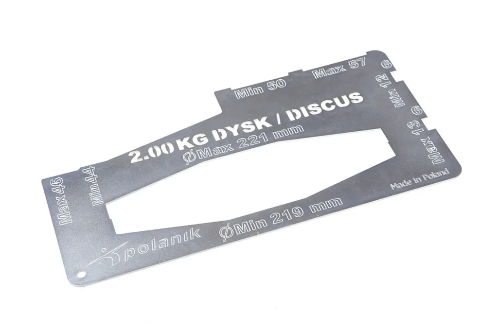 Implement certification gauge with cutout labeled "2.00KG DYSK / DISCUS ØMax 221 mm ØMin 219 mm Made in Poland".