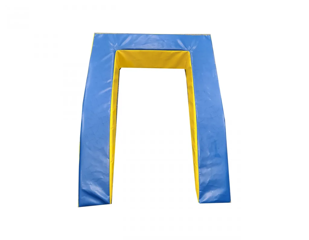 U-shaped springboard surround with blue top and bottom and yellow sides, made from high-density PU foam with a heavy-duty PVC cover.