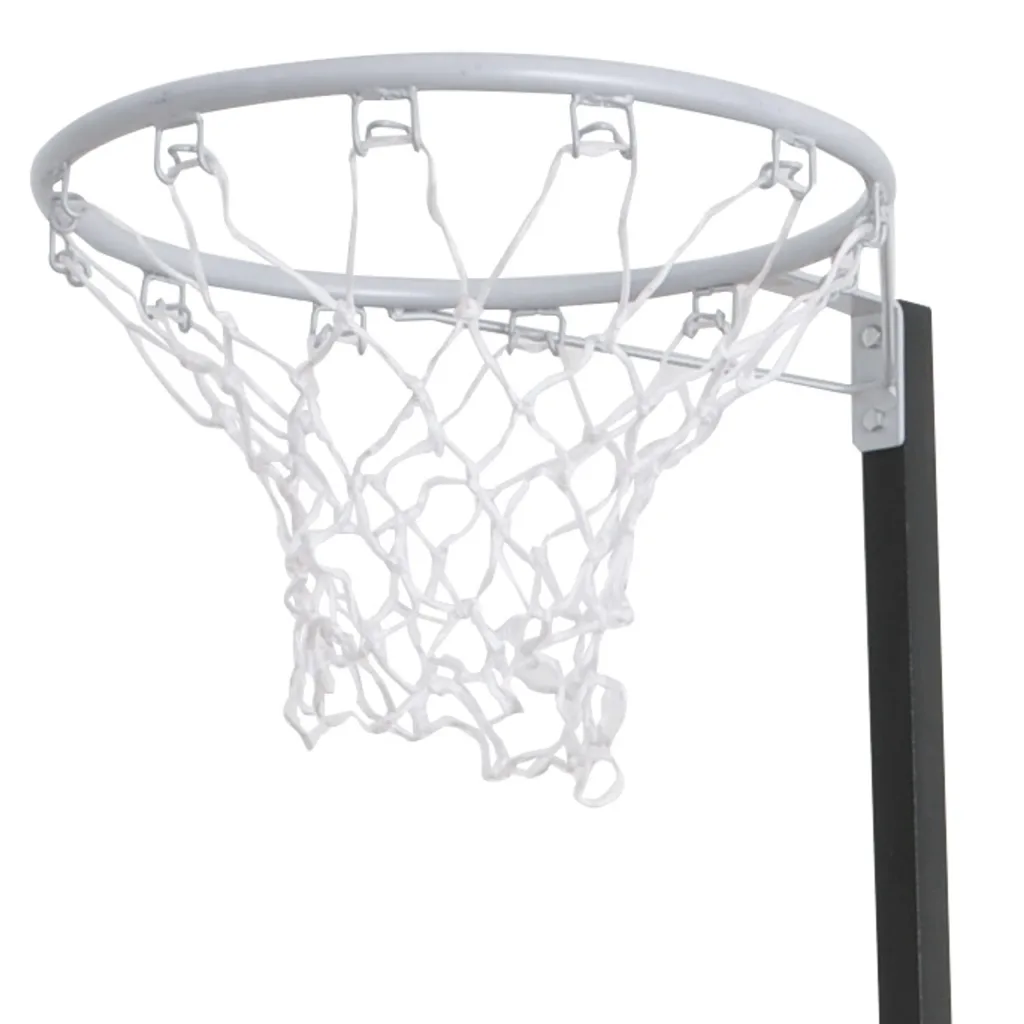 Junior netball hoop with a white nylon net hanging from a powder-coated steel ring, mounted on a black pole.