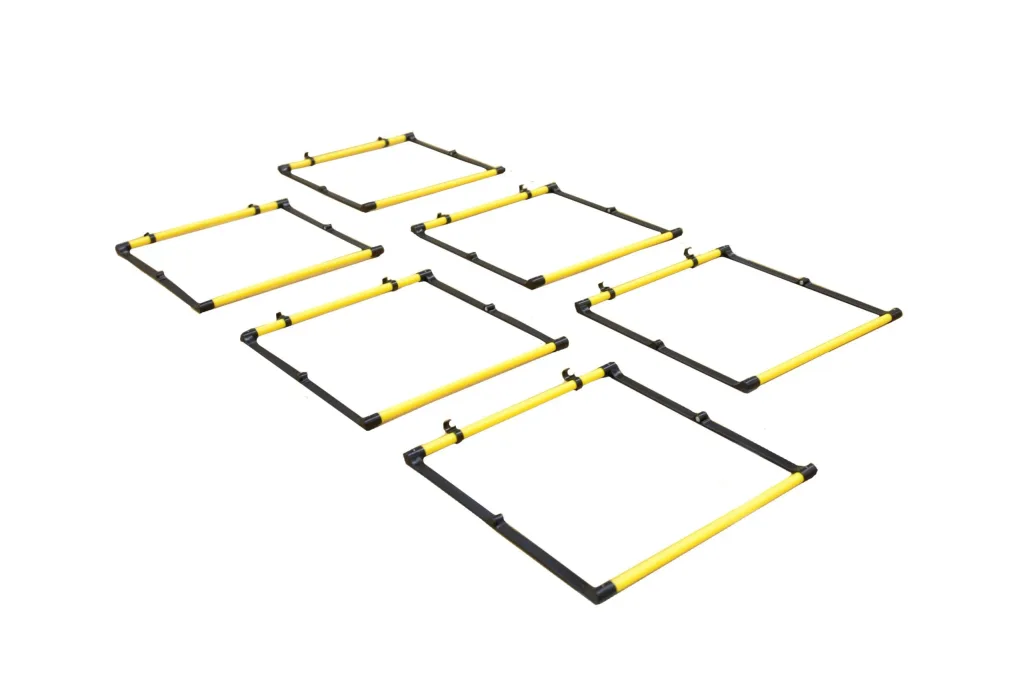 Pack of six yellow and black hurdles arranged in two staggered rows forming ladder-like square frames.