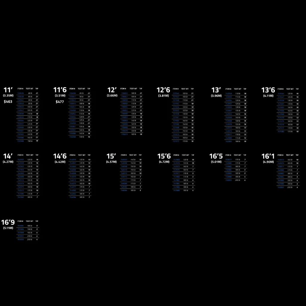 Pacer FX pole vault size chart on black background showing columns labeled 11' (3.35M), 11'6 (3.51M), 12' (3.66M).