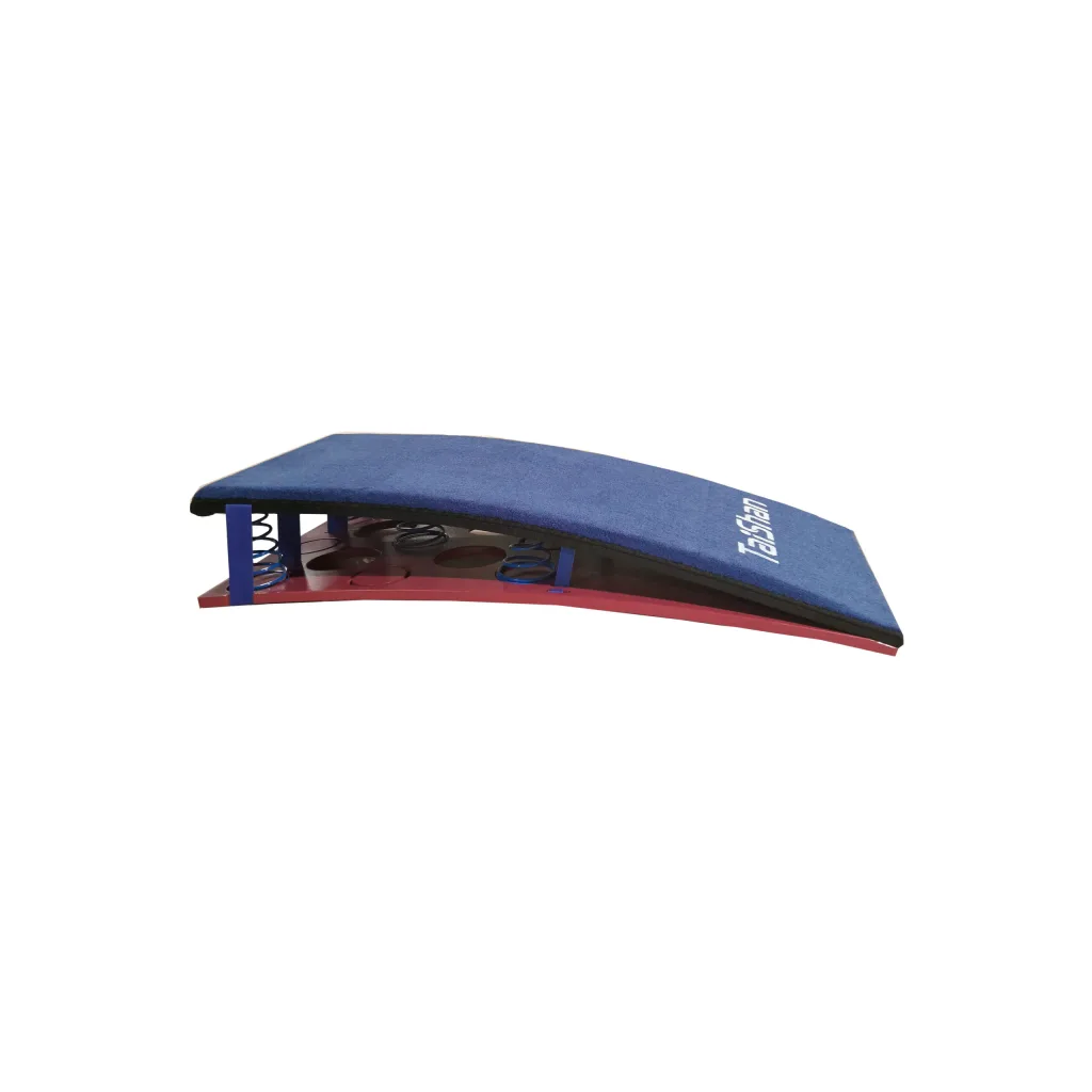 Curved training springboard with blue carpeted top labeled Taishan, five visible conical springs and red base.