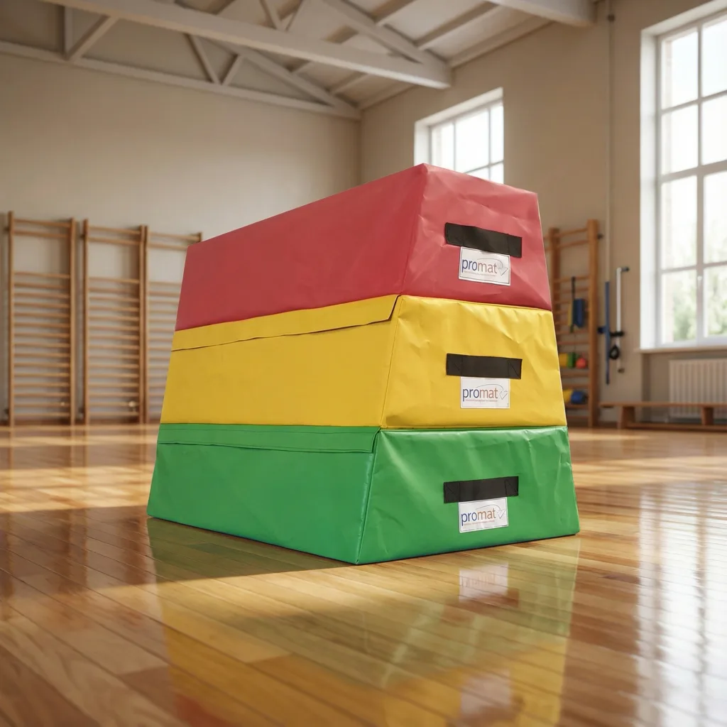 Three stacked foam vaulting sections in red, yellow and green with promat labels, placed on a polished gym floor.