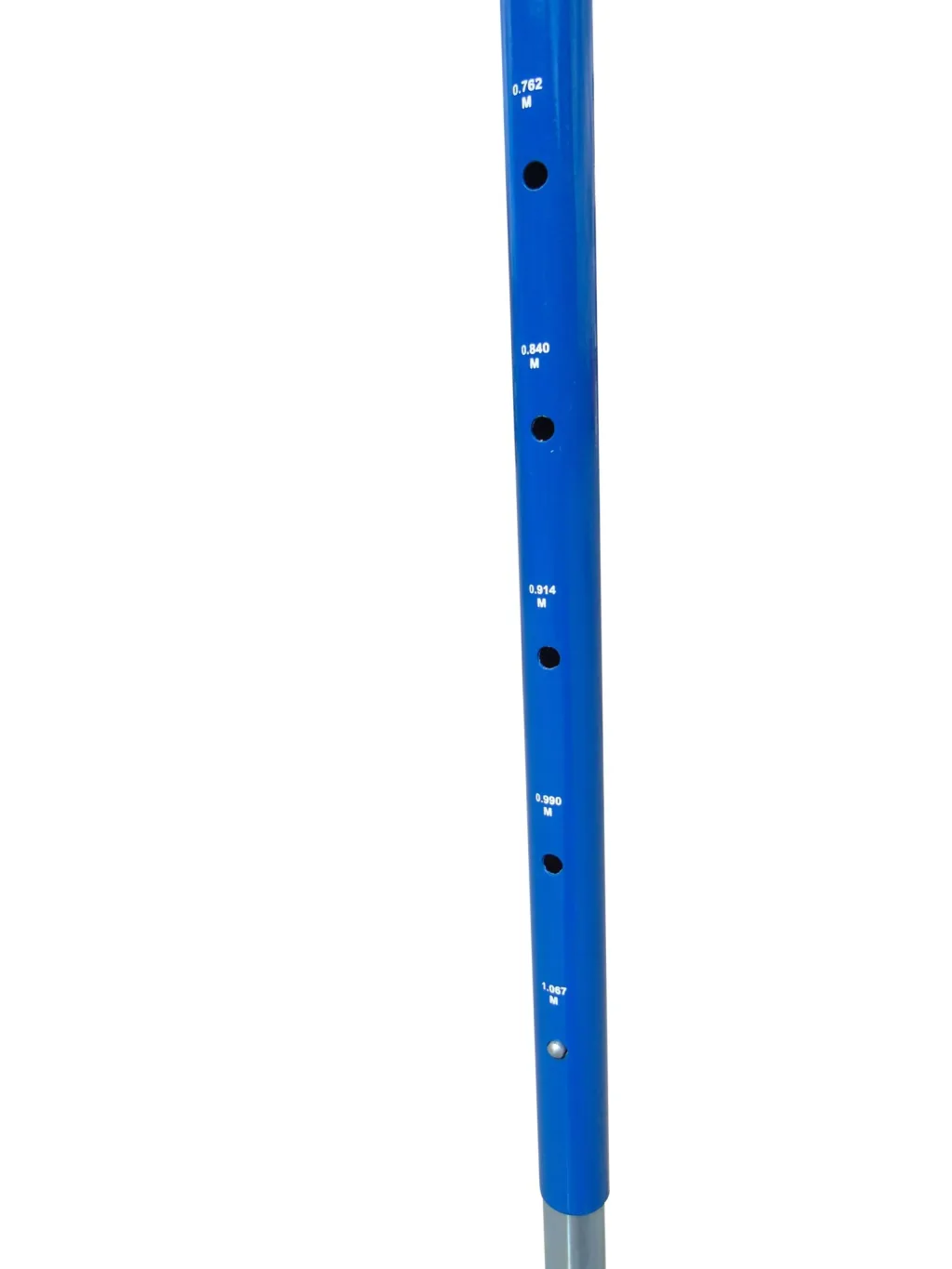 Blue steel collapsible hurdle pole showing height holes and spring pin, labeled "0.762 M", "0.840 M", "0.914 M", "0.990 M", "1.067 M".