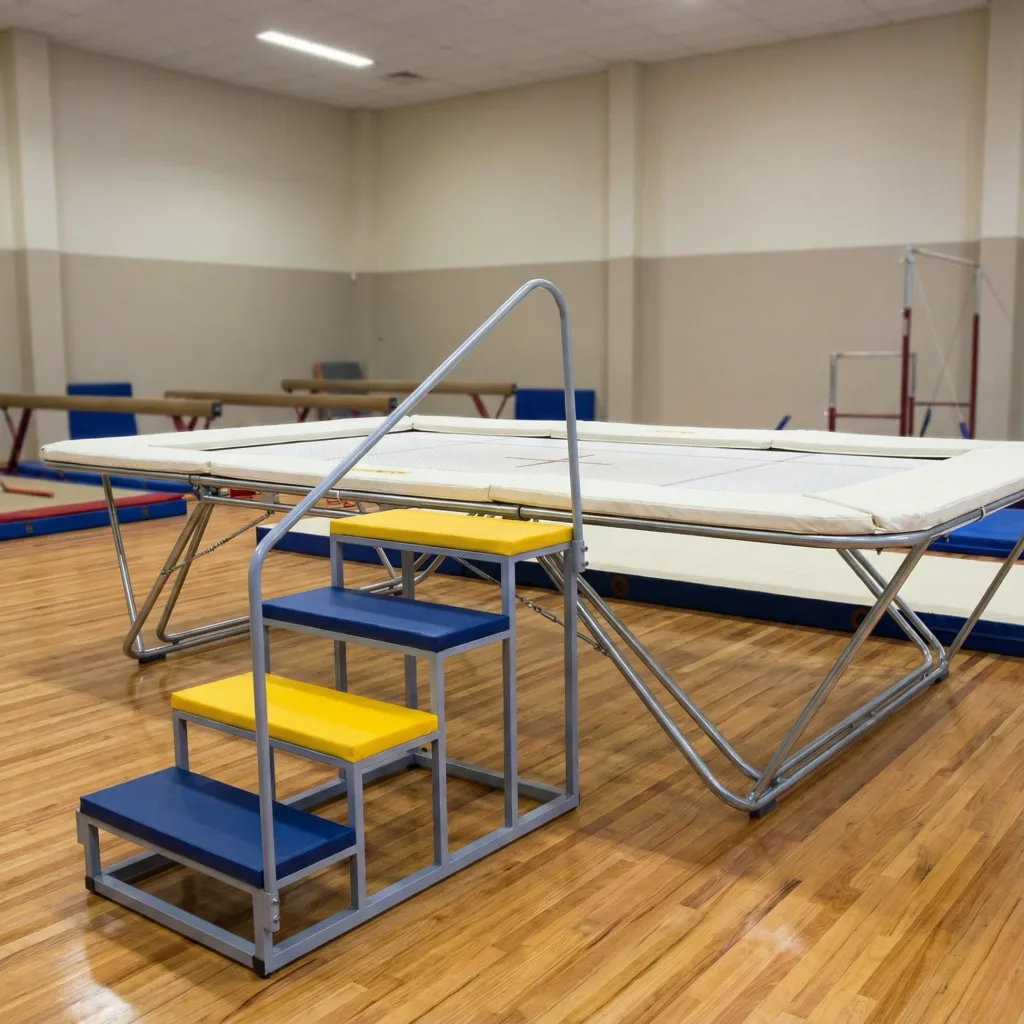Trampoline steel steps with PVC-padded treads on a powder-coated metal frame and single detachable handle beside a trampoline in a gym.