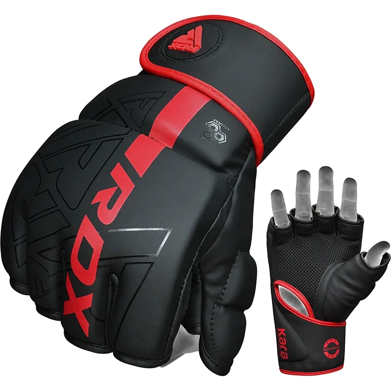 Black and red Convex Skin Maya Hide leather MMA grappling gloves with "RDX" on the knuckles and "Kara" on the wrist, one glove palm up.