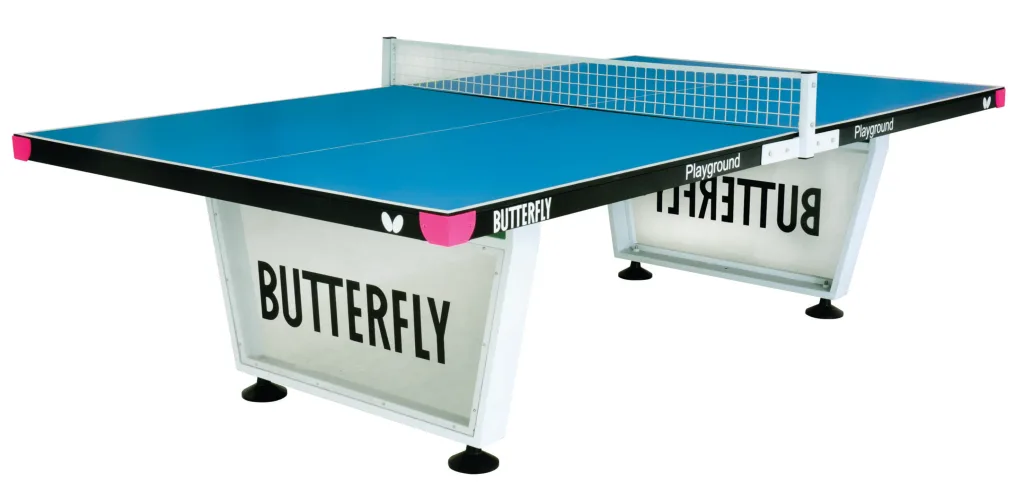 Blue outdoor table tennis table with light silver steel frame, magenta corner pieces and leg panels printed "Playground".