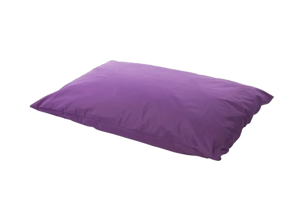 Purple cotton giant child floor cushion with removable liner and plump rectangular shape on a white background.