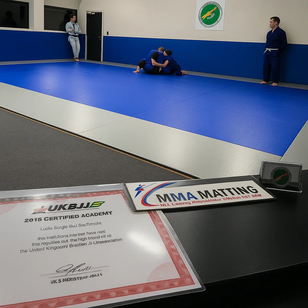 Royal blue combat mat with light grey border, two grapplers in the corner and a certificate reading '2015 CERTIFIED ACADEMY'.