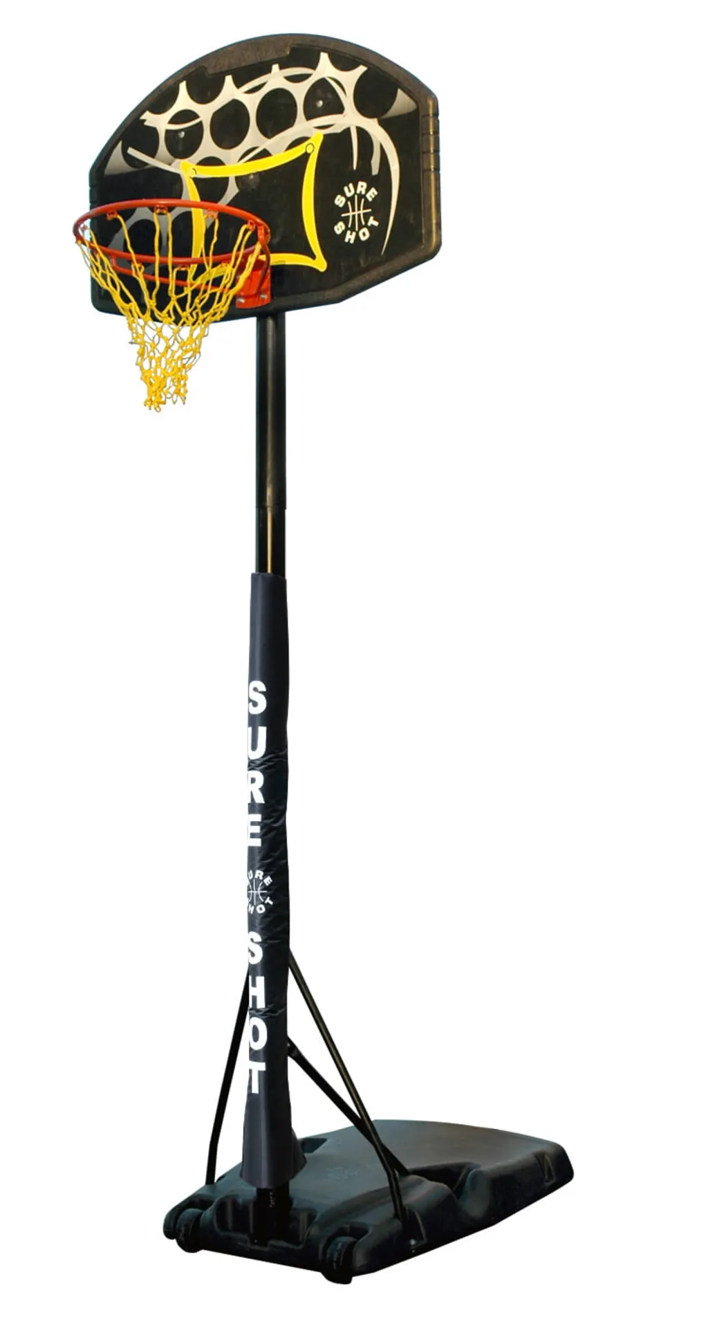Portable adjustable basketball hoop with black backboard, red rim, yellow net, padded black pole labeled SURE SHOT, and a fillable blow moulded HDPE wheeled base.