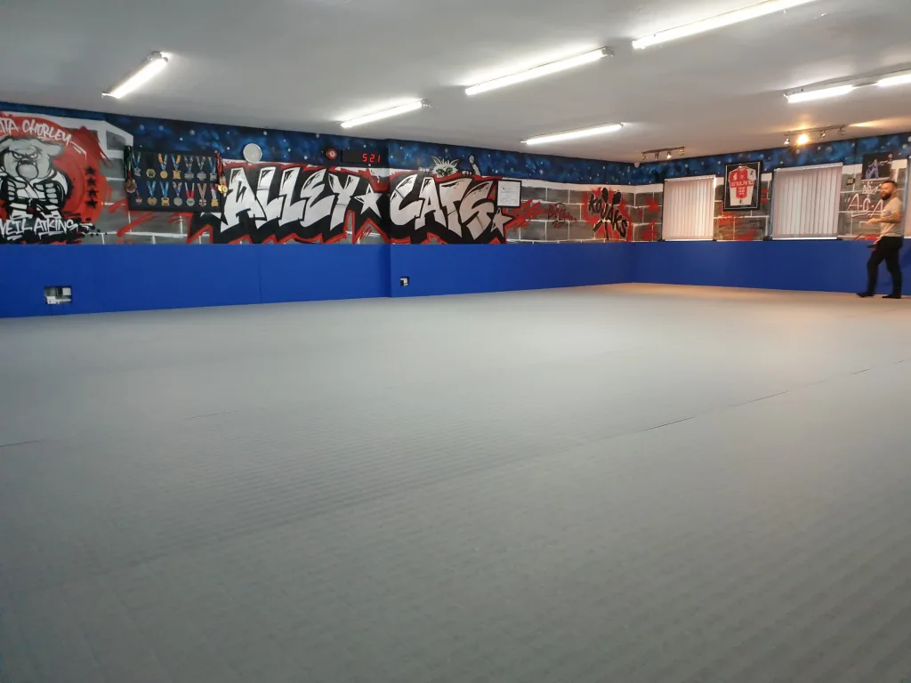 Martial arts gym with light gray roll-out mats, blue wall pads, graffiti mural reading ALLEY CATS and a man standing at the far right.