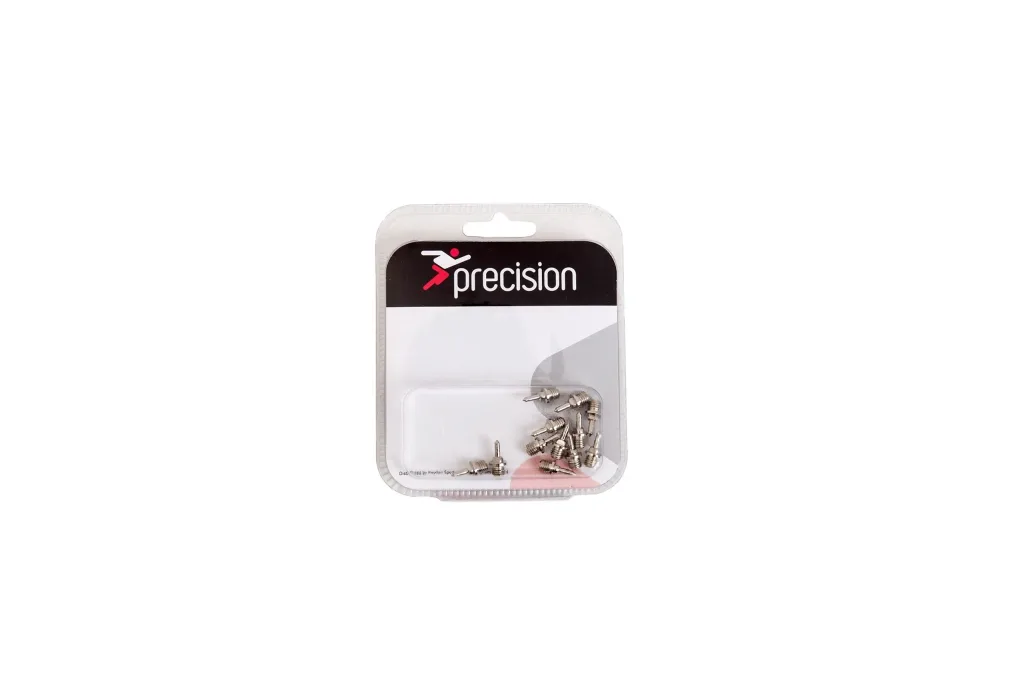 Set of 12 metal screw-in running spikes in a clear blister pack with white card backing.