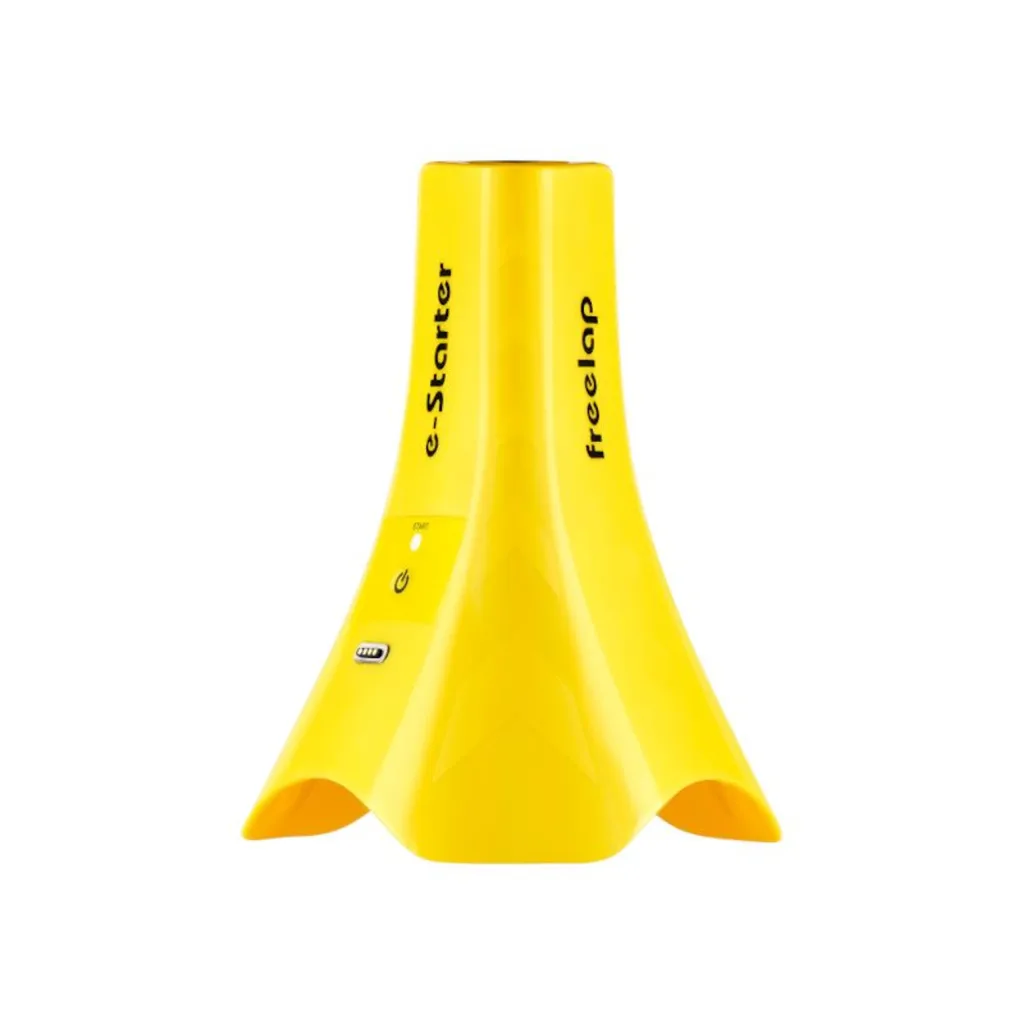 Yellow cone-shaped electronic starter labeled e-Starter and freelap, showing a power button, LED indicator, and charging port.