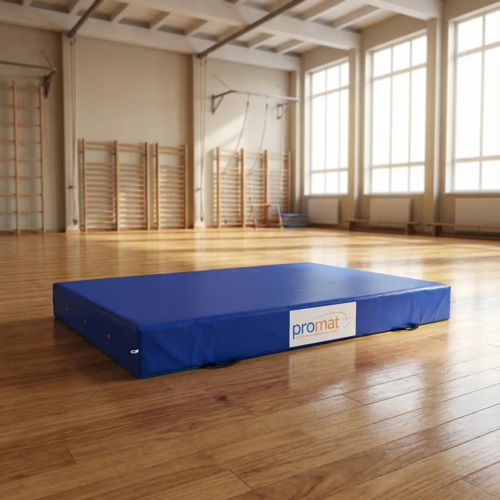 Blue crash mat labeled promat with zipped nylon-reinforced PVC cover, handles, and anti-slip base on a sunlit gym floor.