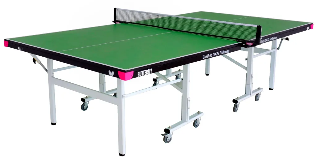 Easifold deluxe 22 rollaway table with green playing top, light silver steel legs and magenta corner pieces; side text reads Easifold DX22 Rollaway.