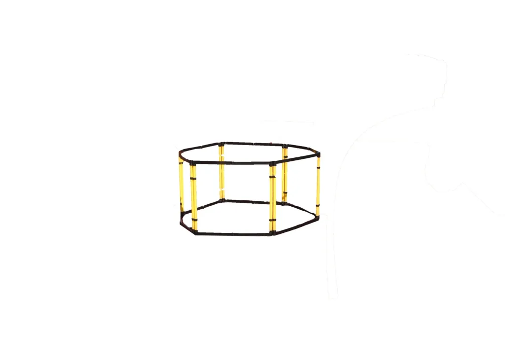 Hexagonal ring of six yellow hurdle posts with black connectors, set up as an agility drill circle.