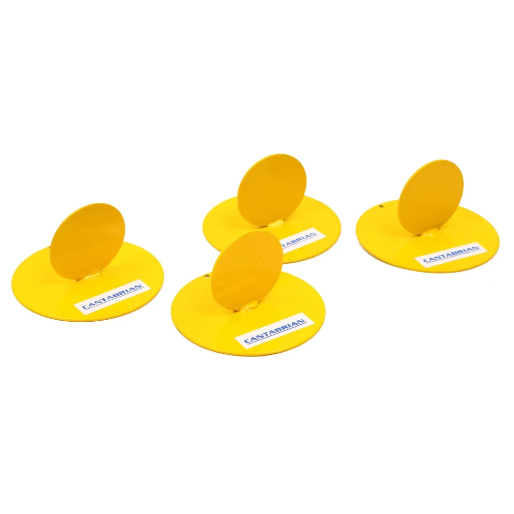 Four yellow metal runway markers made from two round welded sheets, each labeled CANTABRIAN.