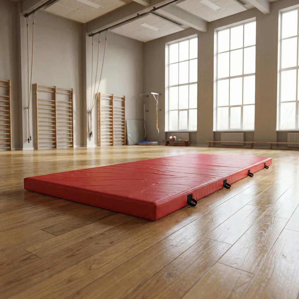 Red soft landing mat with PVC cover, soft foam core and carry handles lies on a wooden gym floor.