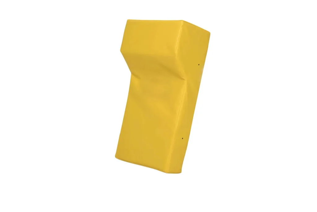Yellow rucking shield with sewn PVC cover and shock-absorbing foam core, angled impact face for training.