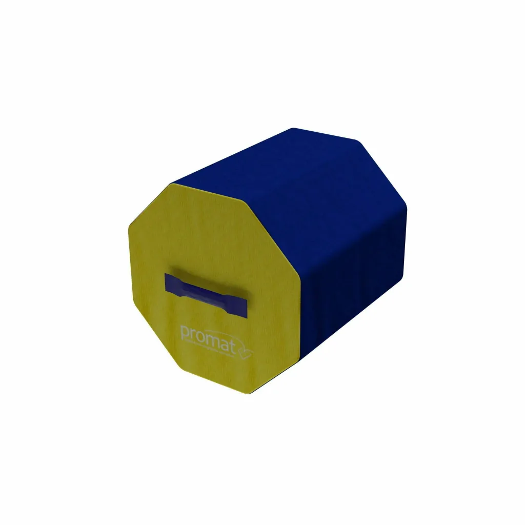 Blue octagonal gymnastics block with yellow end and carry handle, high-density PU foam core and heavy-duty flame-retardant PVC cover.