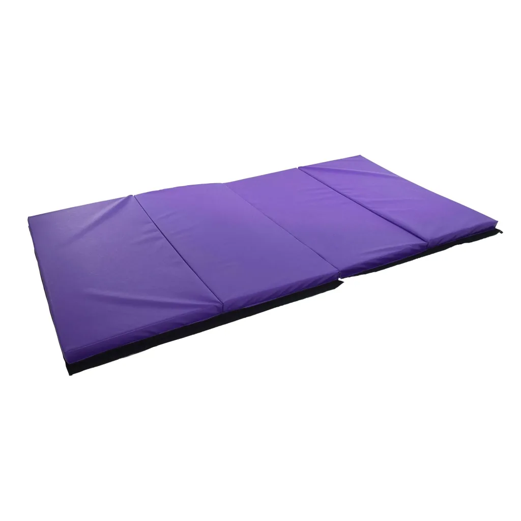 Purple four-panel folding mat with heavy-duty PVC cover, black underside, visible seams and a carry handle.