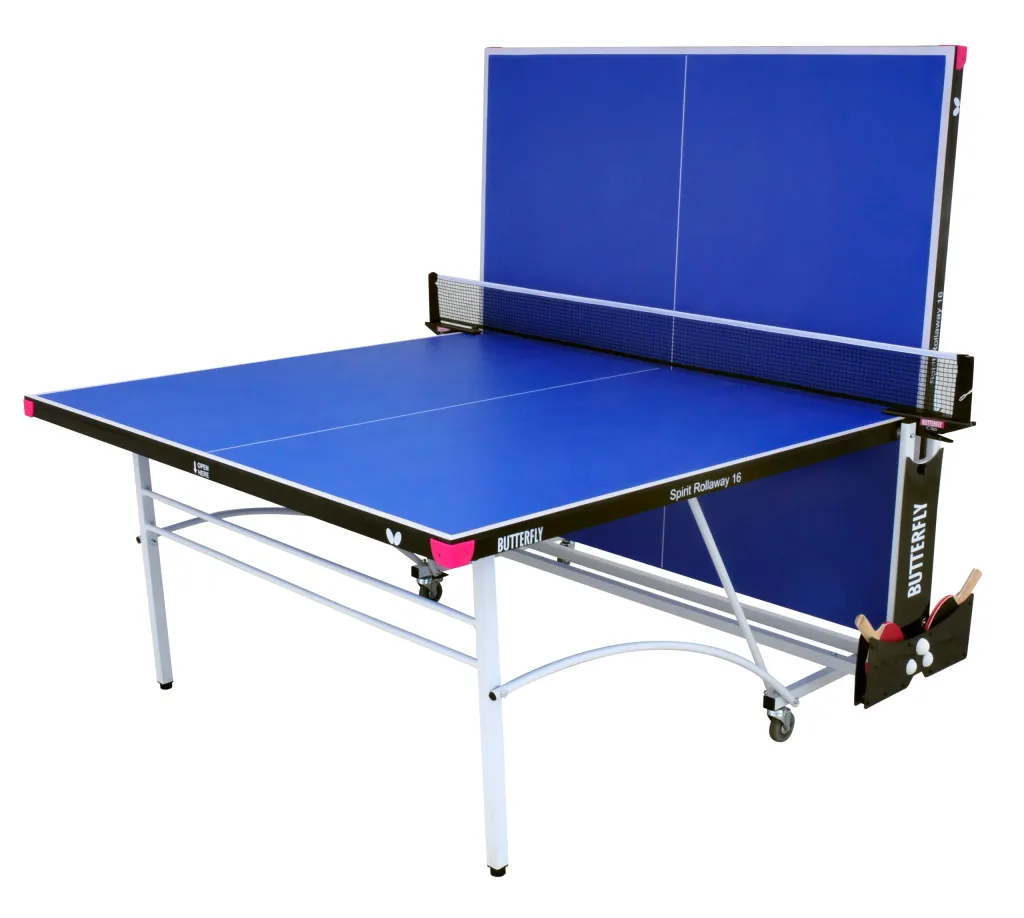 Blue table tennis table with light silver legs, magenta corner pieces, net and bat holder labeled Spirit Rollaway 16.