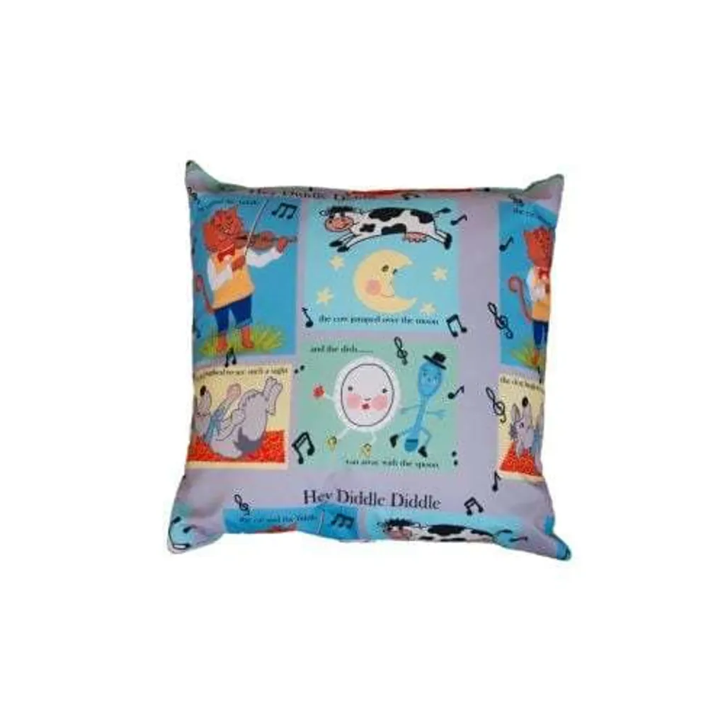 Square children's floor cushion with colorful nursery-rhyme panels and characters, featuring the text "Hey Diddle Diddle".