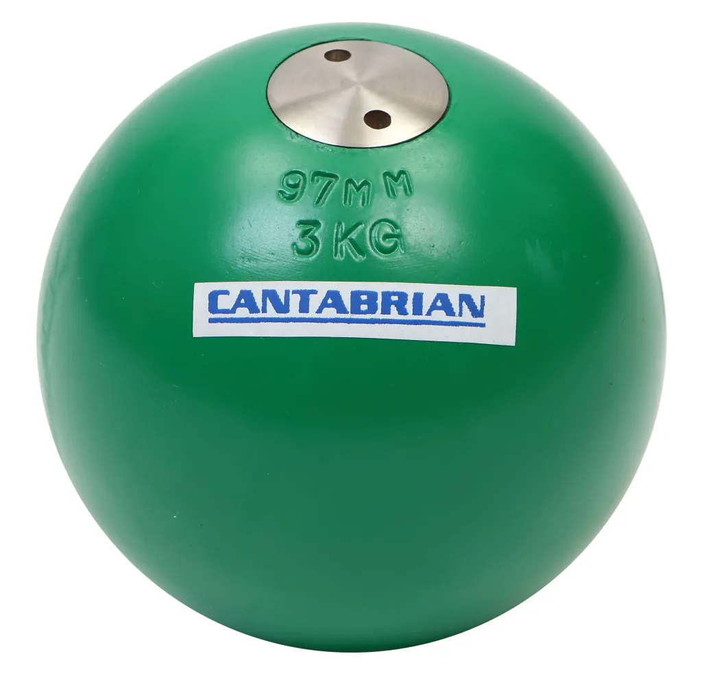 Green steel shot put topped by a metal disc with two small holes, stamped '97MM 3KG' on its painted surface.