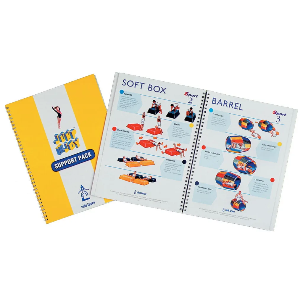 Yellow spiral-bound booklet titled Support Pack beside open pages labeled Soft Box and Barrel showing illustrated exercise diagrams.