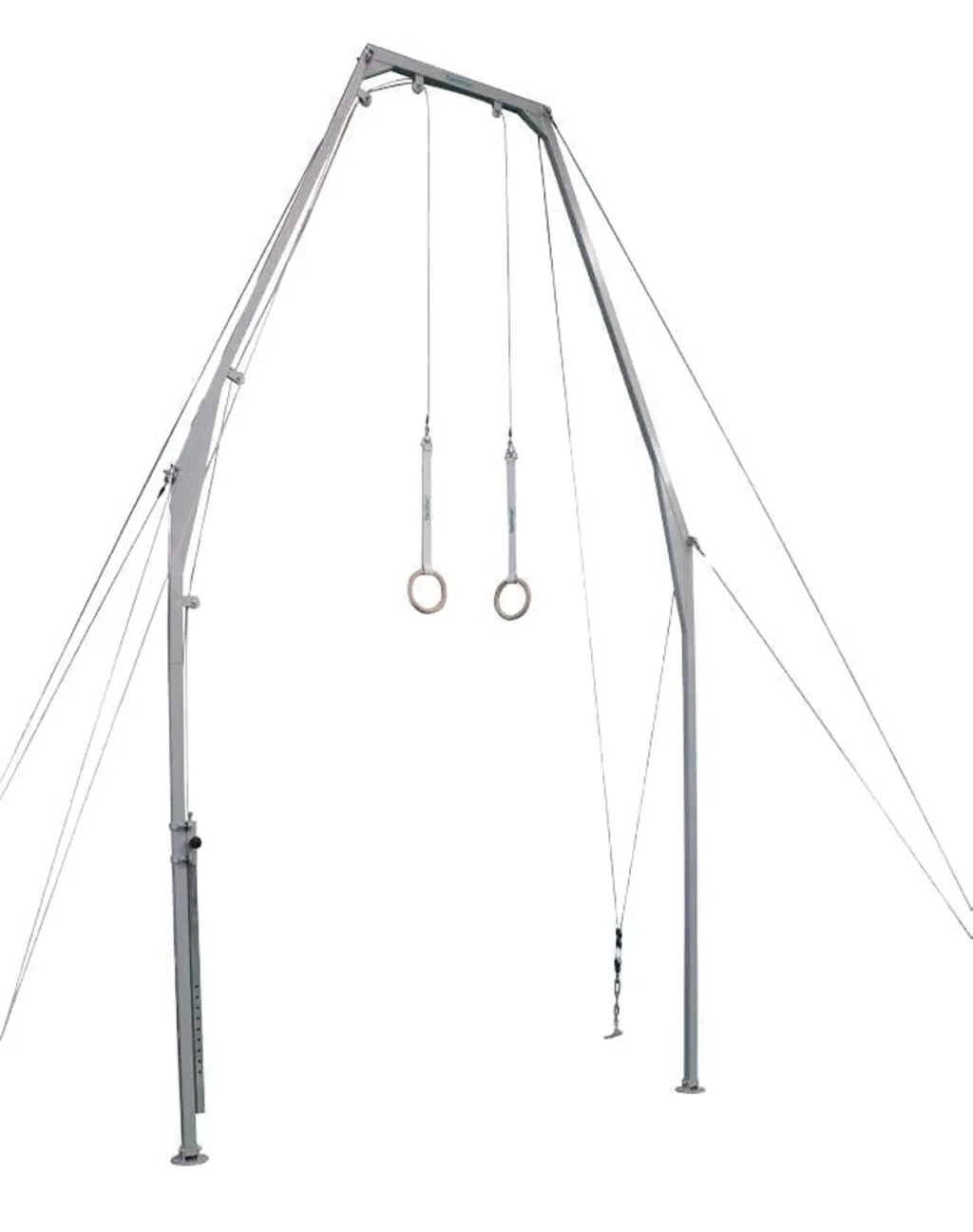Chrome-plated carbon steel gymnastics frame with two hanging rings on adjustable straps and cable tensioning anchored to circular floor discs.